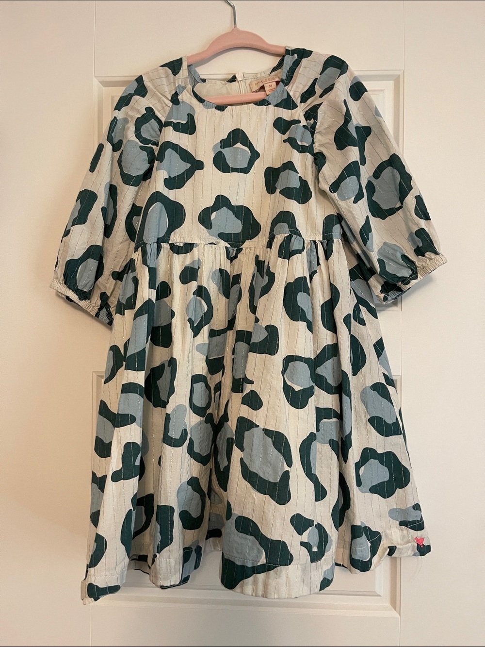 Girls' Cream and Dark Green Leopard Print Dress. Pink Chicken. EUC